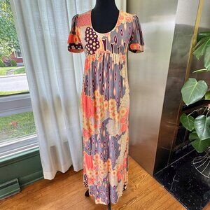 Vintage 70s dress, coral, grey, yellow floral, boho maxi with empire waist